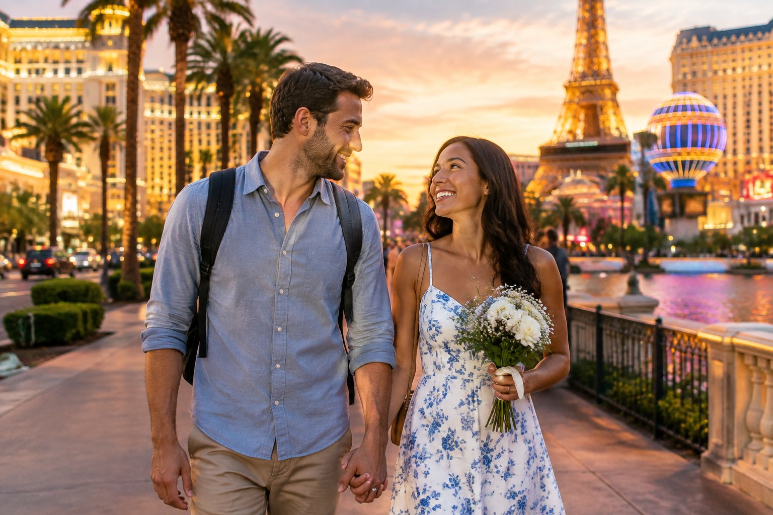 A newlywed couple walking together along a lively Las Vegas boulevard at sunset.