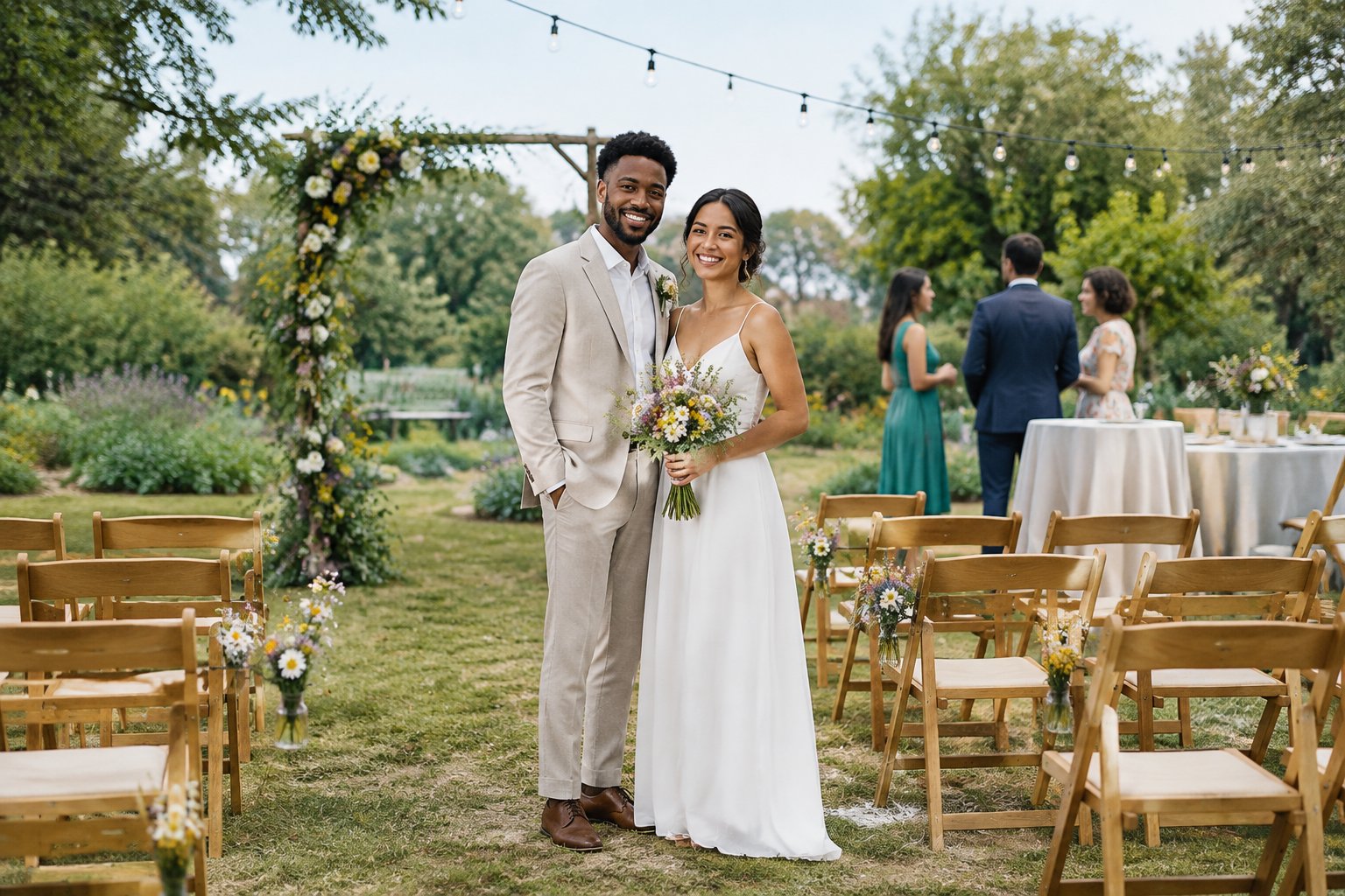 A couple stands in a modest outdoor wedding venue decorated with simple chairs, flowers, and string lights.