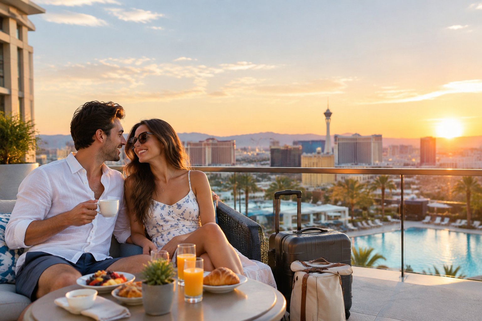 A newlywed couple enjoying a romantic moment on a Las Vegas resort terrace.