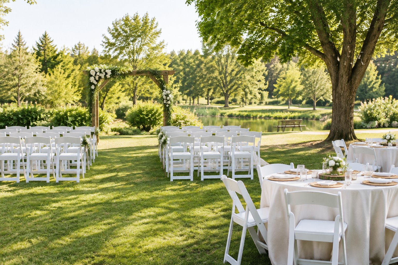 A small outdoor wedding ceremony in a community garden with simple decorations and neatly arranged chairs.