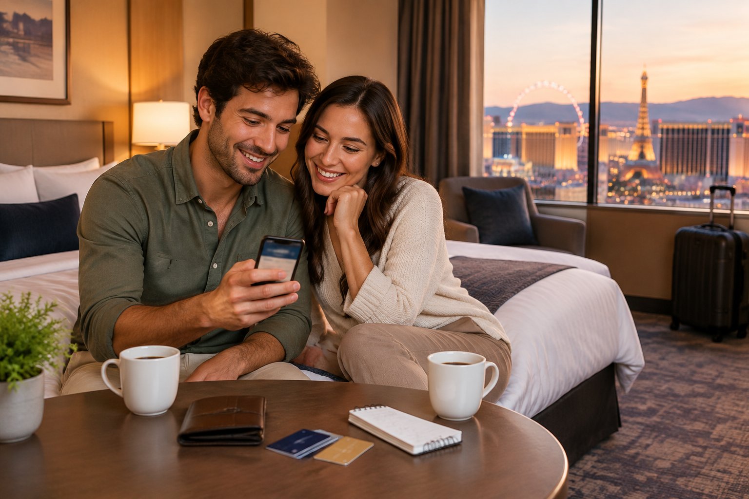 A newlywed couple plans an affordable short honeymoon stay together in a comfortable hotel room.