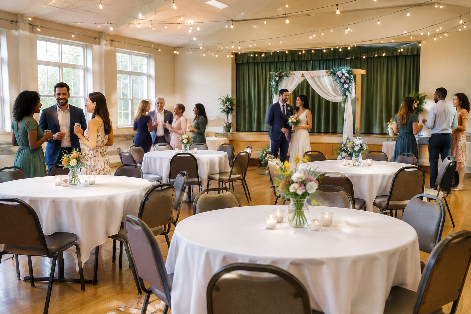 An intimate wedding celebration arranged in a modest community venue with simple decorations and guests mingling.