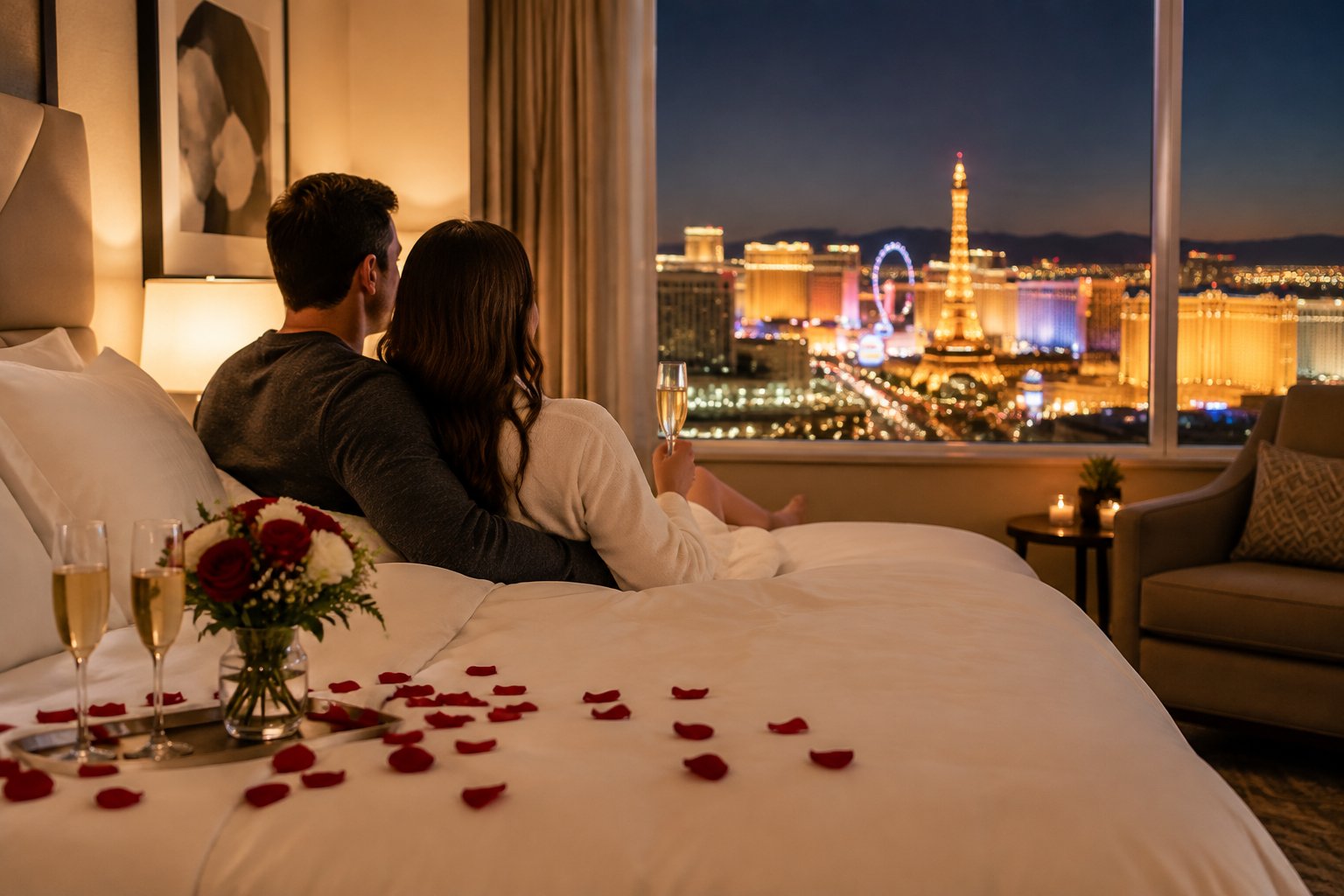 A couple enjoys a romantic hotel room overlooking the Las Vegas skyline.