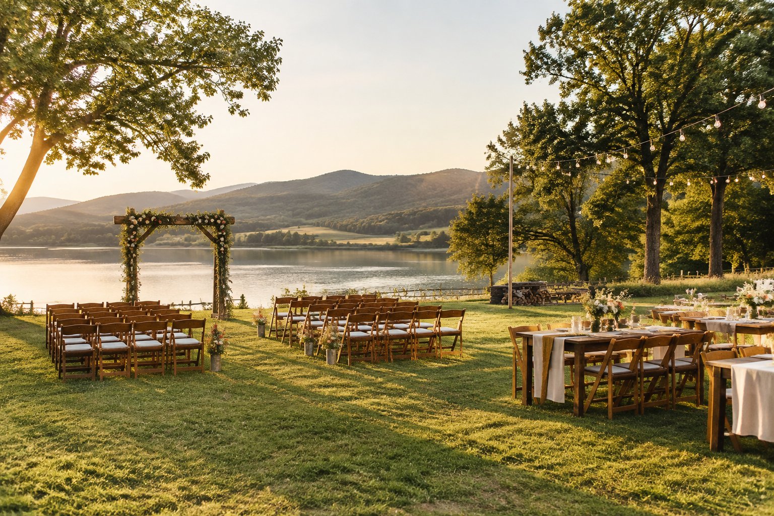 An outdoor wedding ceremony setup beside a lake in a scenic meadow with simple chairs, flowers, and rustic reception tables.
