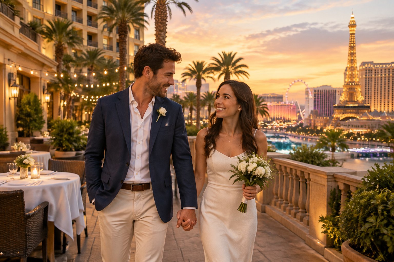 A newlywed couple walks hand in hand through a warmly lit Las Vegas resort promenade at sunset.