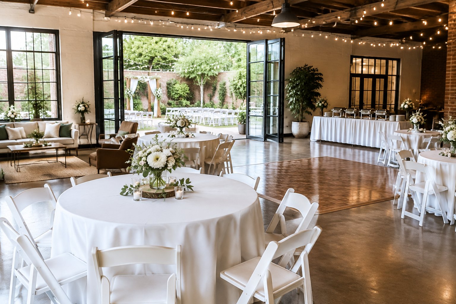A modest wedding venue with a decorated reception room opening onto a garden courtyard and additional usable spaces.