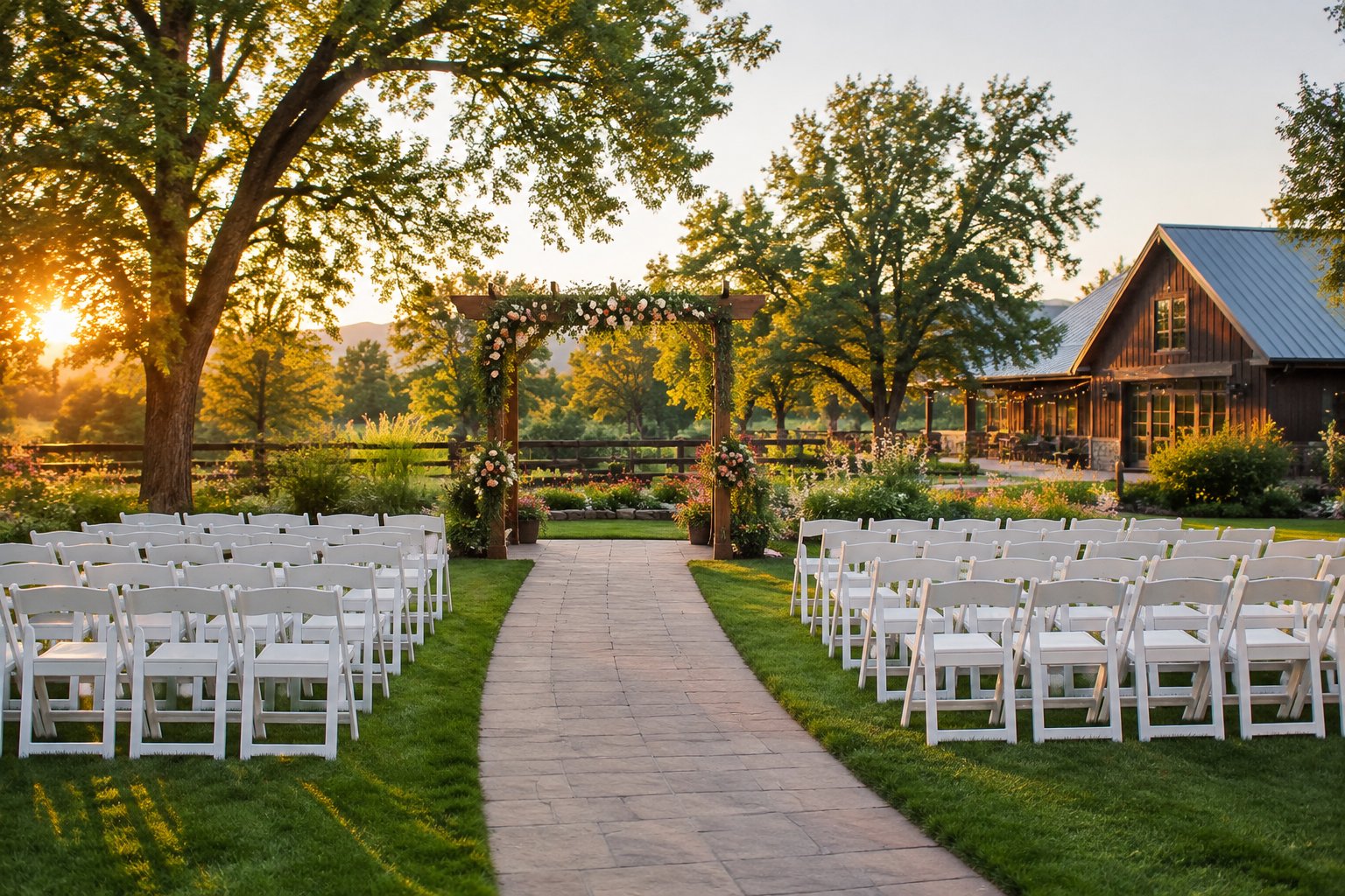A simple outdoor wedding ceremony area with white chairs, a wooden arbor, greenery, and a rustic venue in the background.