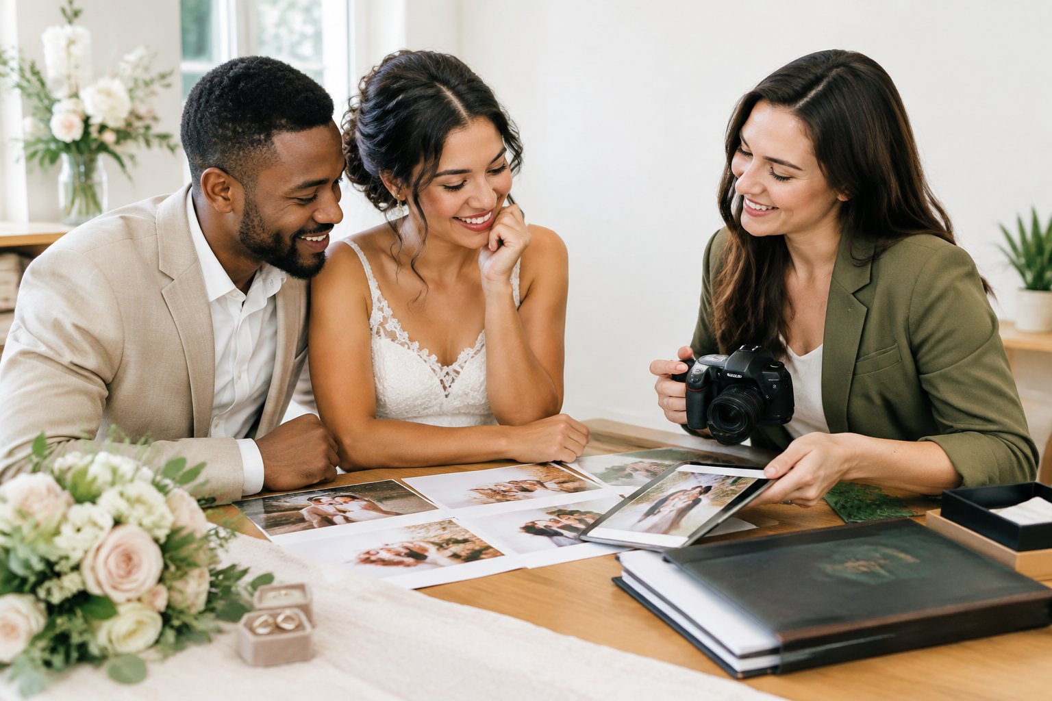 A newlywed couple reviews wedding photographs with a photographer in a bright studio.