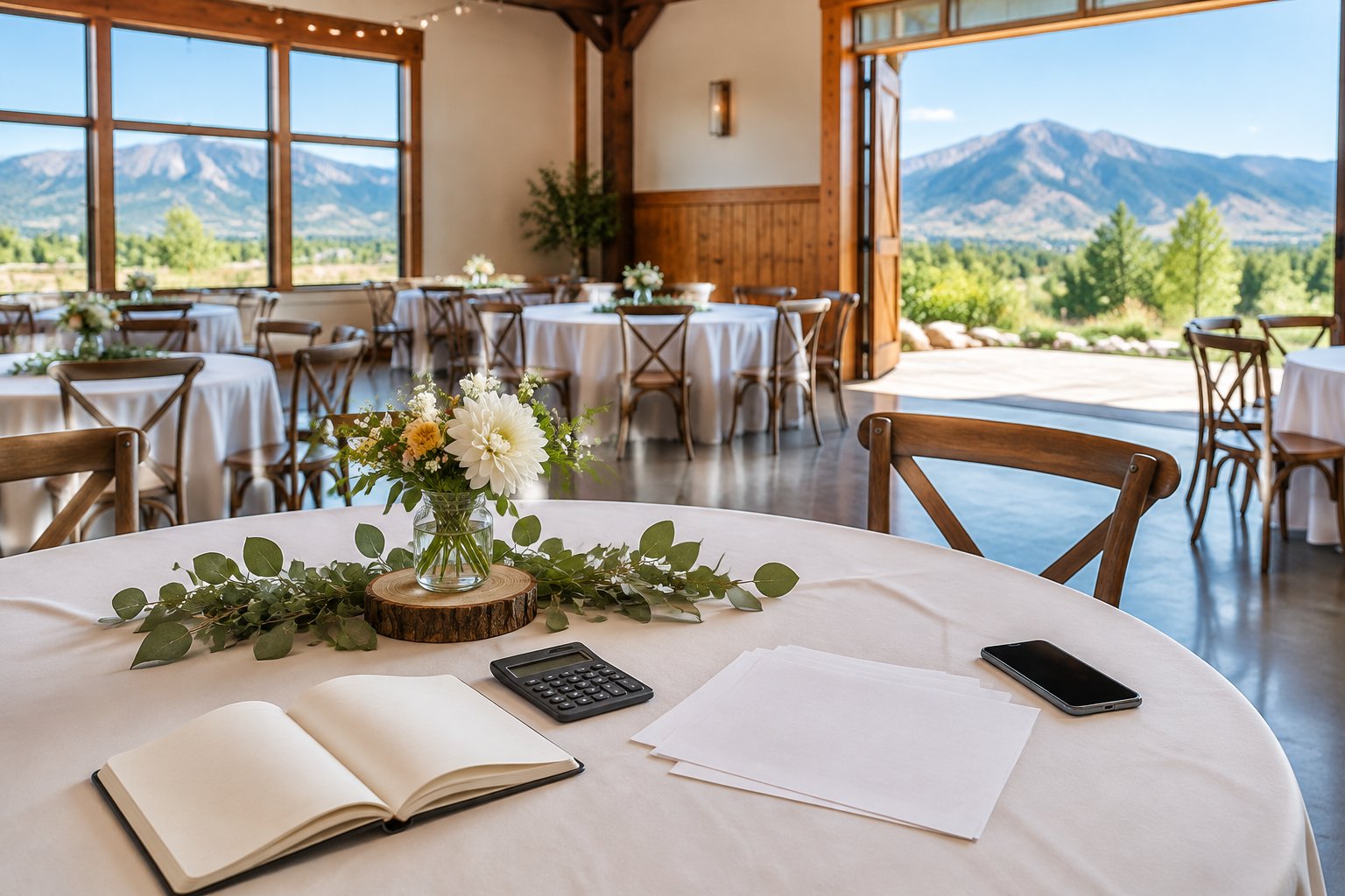 A simple wedding reception setup in an affordable venue with a calculator and blank budget papers on a table, with Colorado foothills visible outside.
