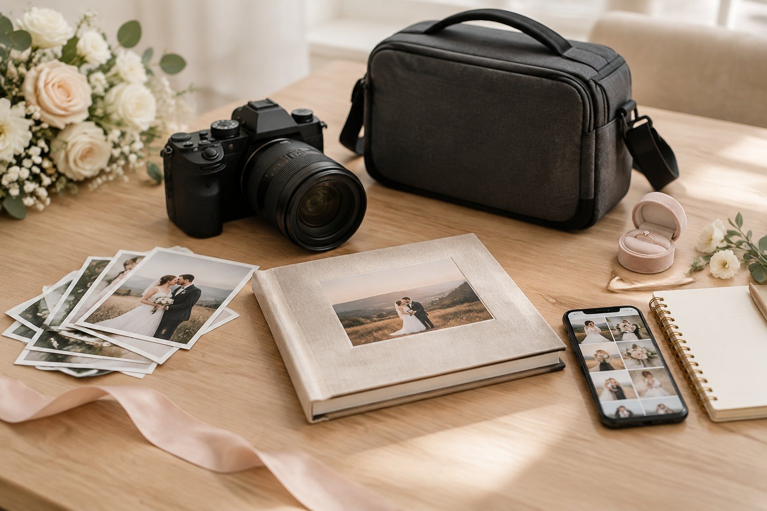 Wedding photography equipment, sample prints, and an album arranged on a table with simple wedding decorations.