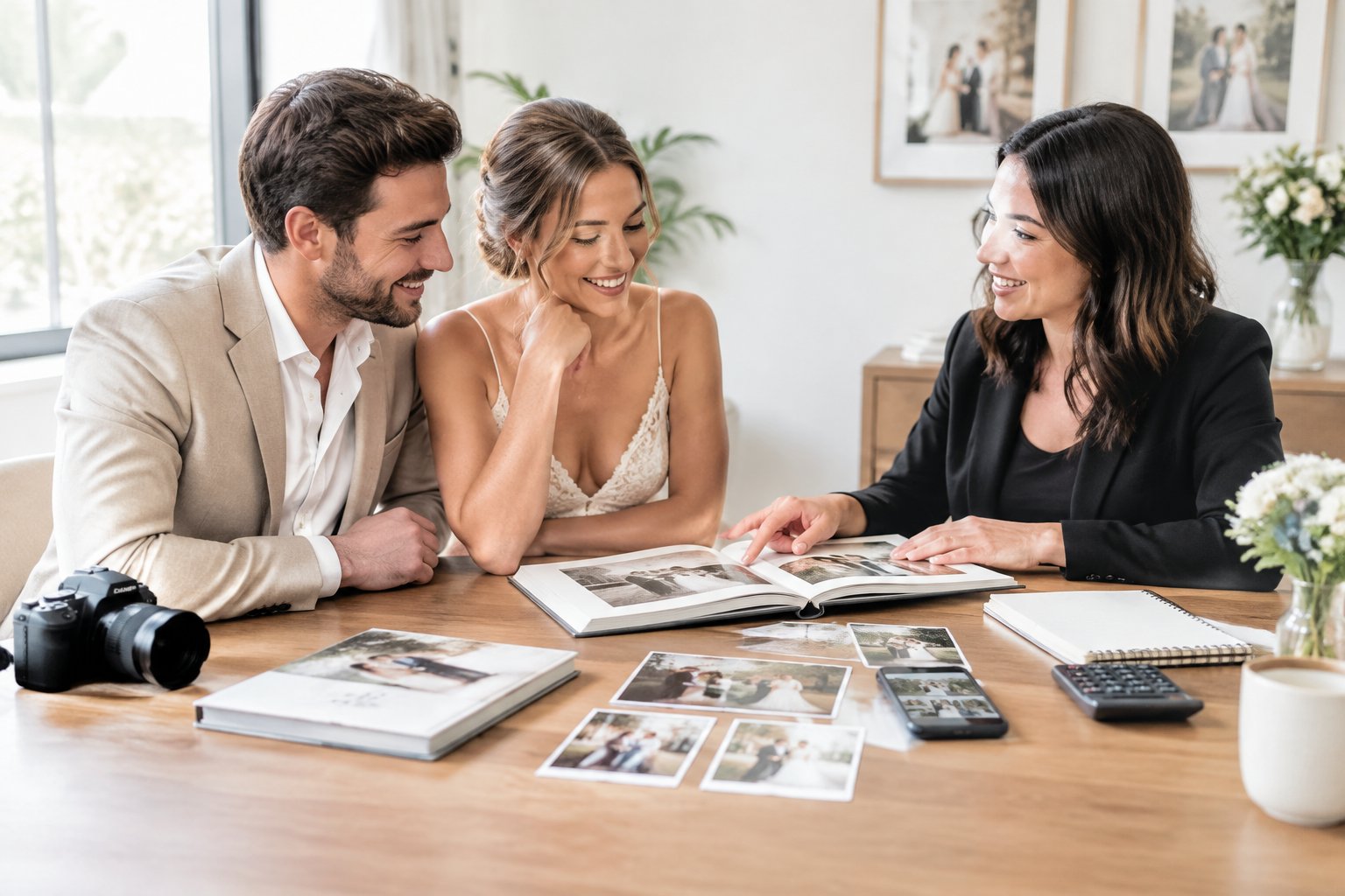 A newlywed couple discusses an affordable wedding photography package with a photographer at a table.