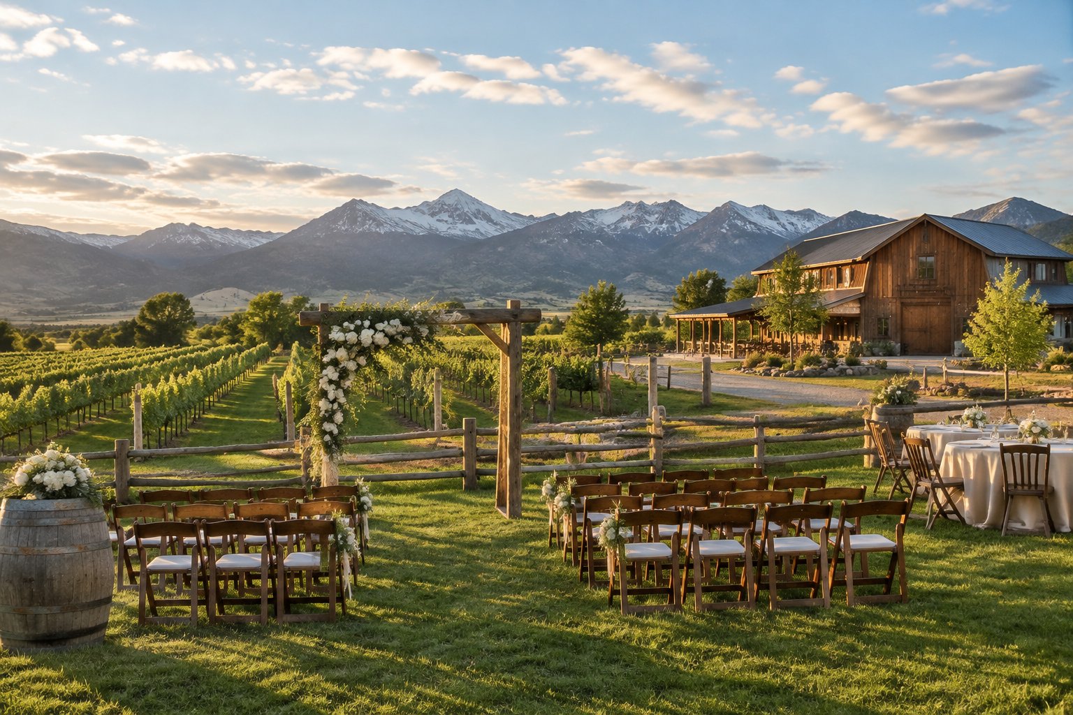A rustic wedding venue with a vineyard, ranch buildings, and mountain views near Fort Collins.