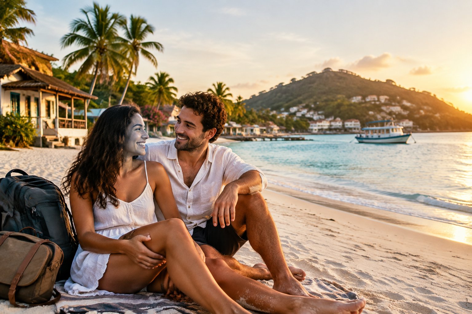A newlywed couple enjoying a romantic sunset on a tropical beach near a coastal village.
