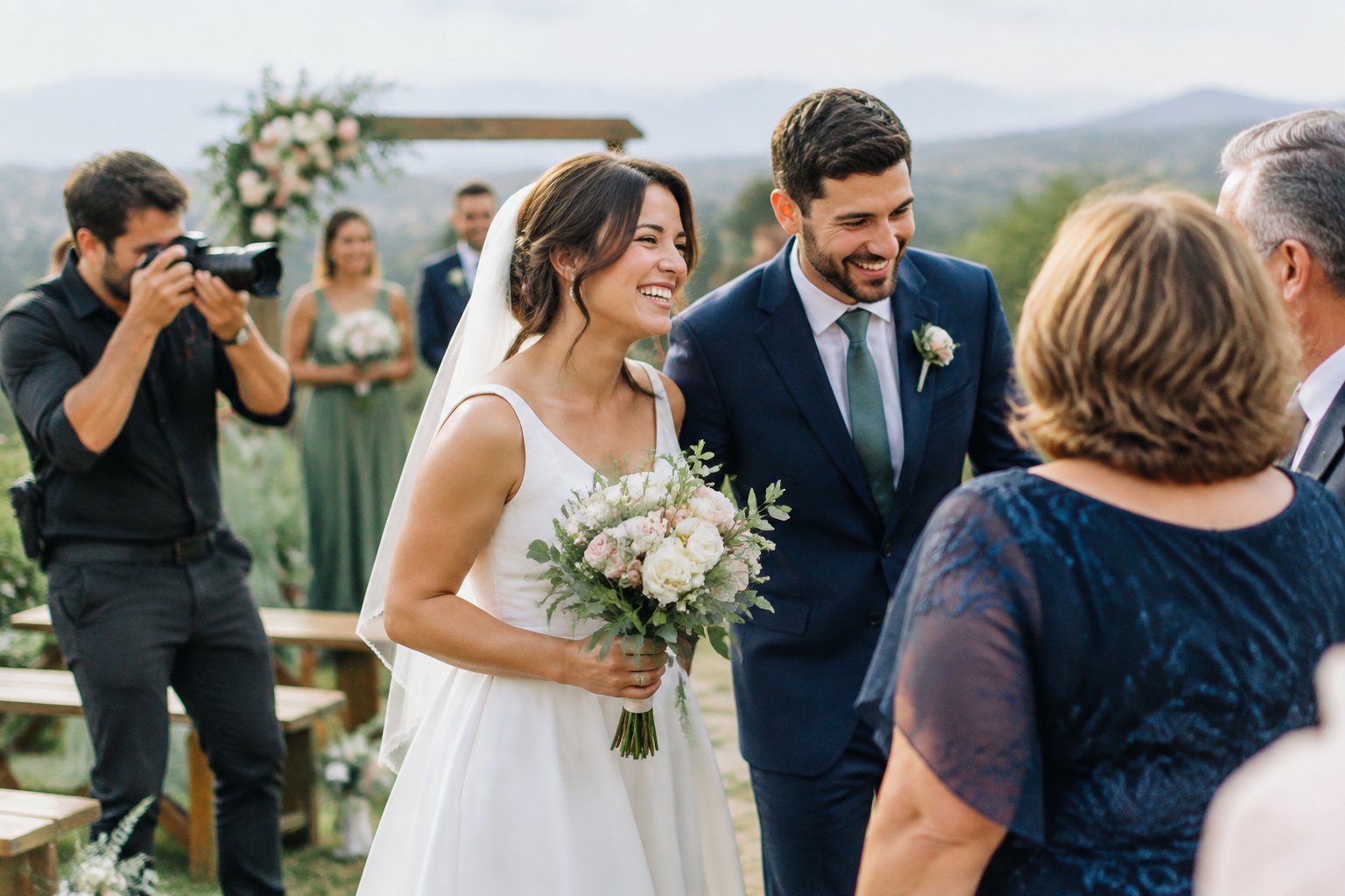 A wedding photographer captures a joyful couple and their guests at a simple outdoor wedding.