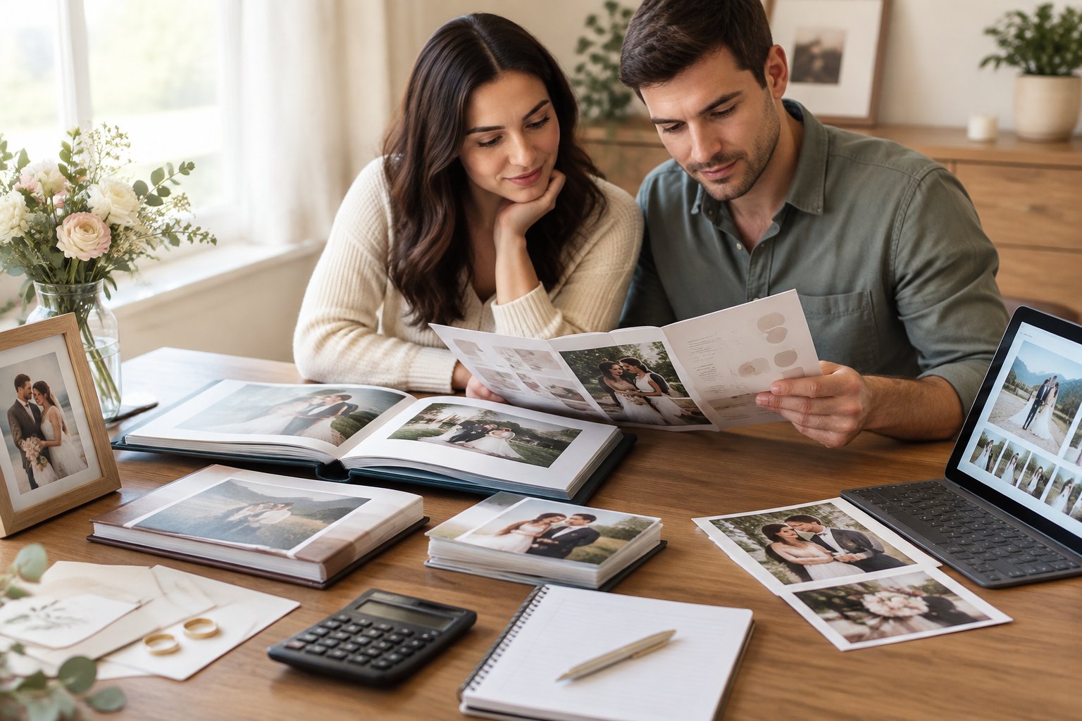 An engaged couple compares wedding photography add-ons and budget materials at a planning table.