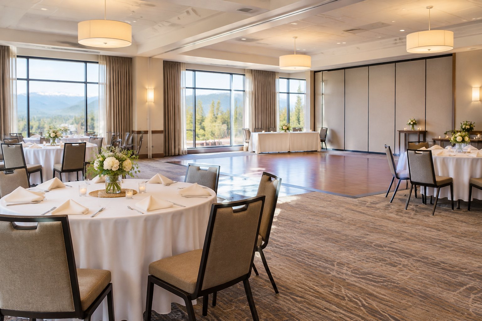 A modest hotel ballroom arranged for an intimate wedding reception with round tables, simple floral centerpieces, and an open flexible space.