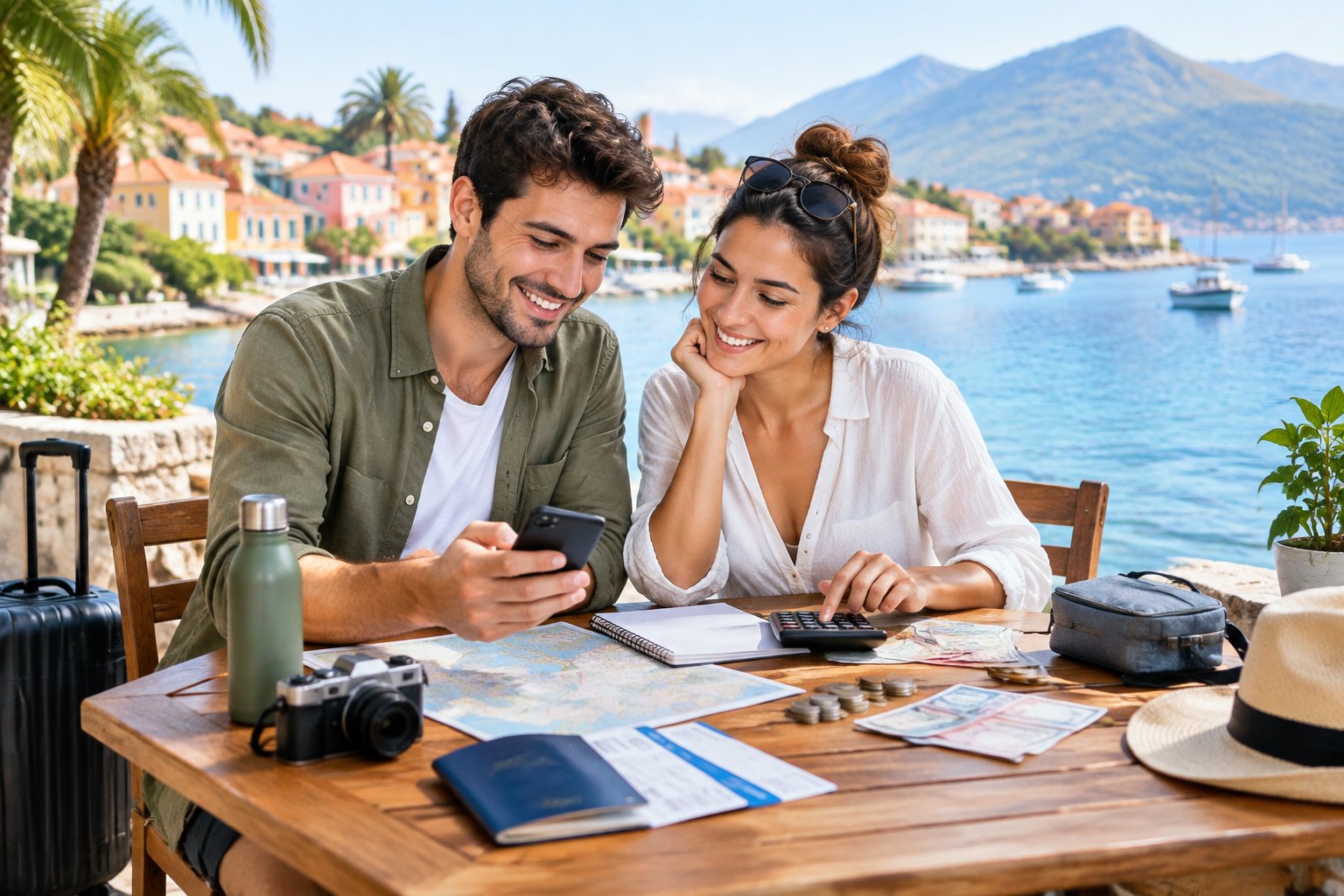 A newlywed couple planning an affordable honeymoon at a scenic tropical waterfront café.