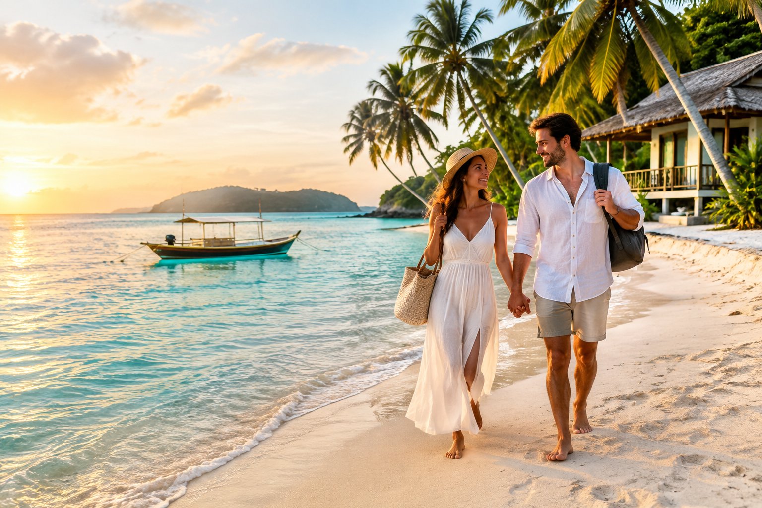 A newlywed couple walks hand in hand along a sunny tropical beach beside turquoise water and palm trees.