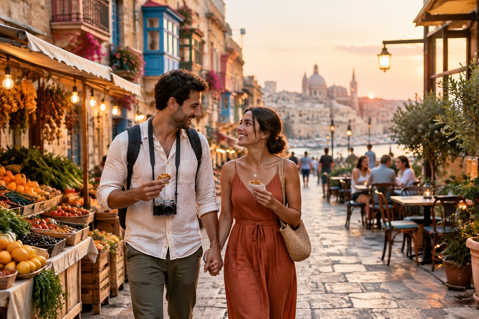 A newlywed couple explores a lively historic city street with local food stalls and outdoor cafés.