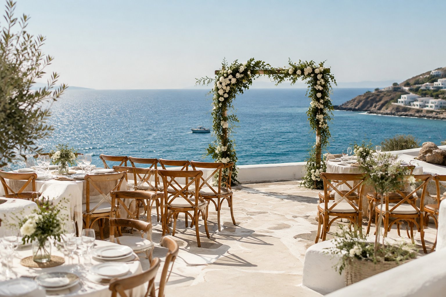 An intimate outdoor wedding ceremony at a simple seaside venue overlooking blue water.