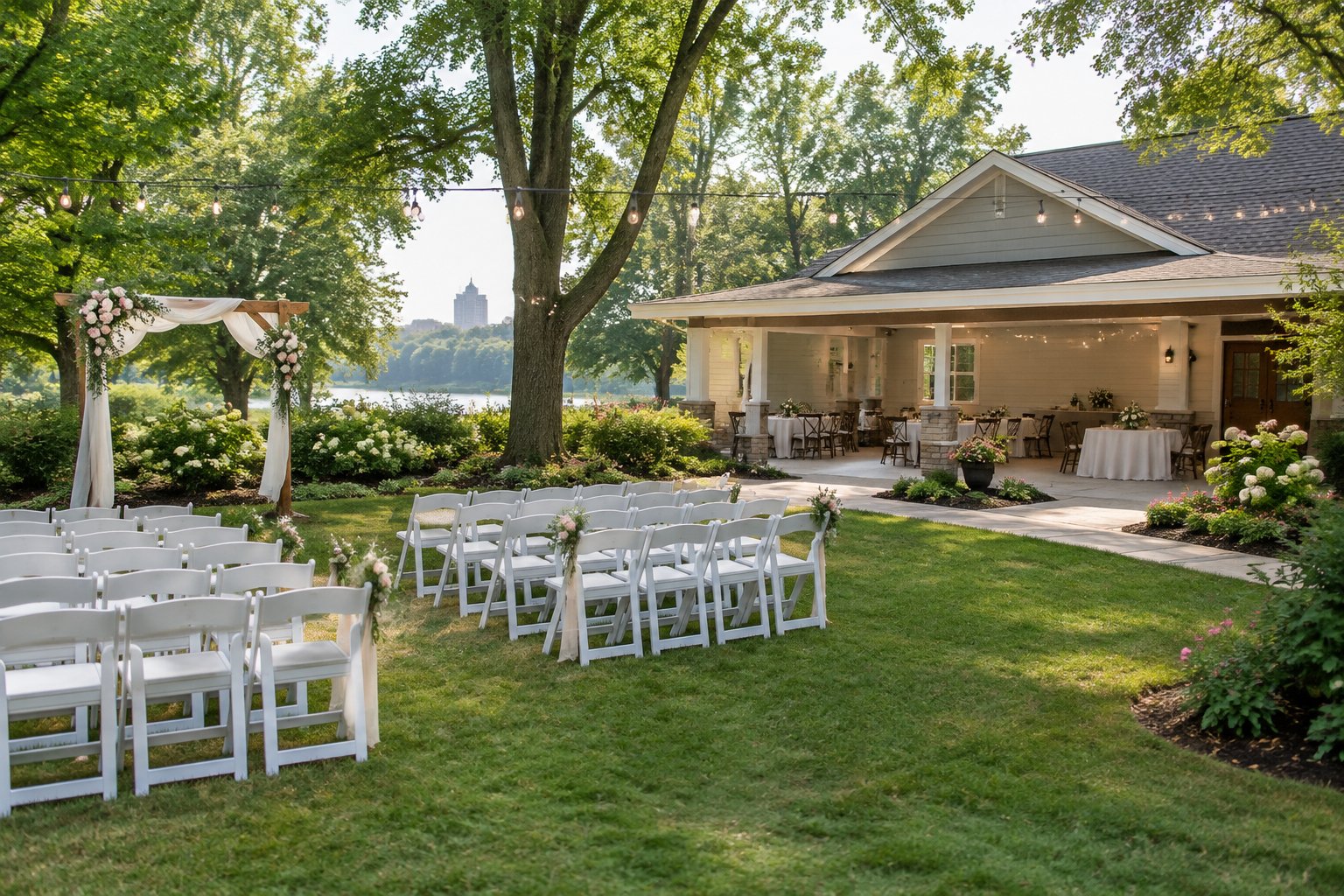 A modest wedding venue with folding chairs, a floral arch, and simple outdoor decorations.