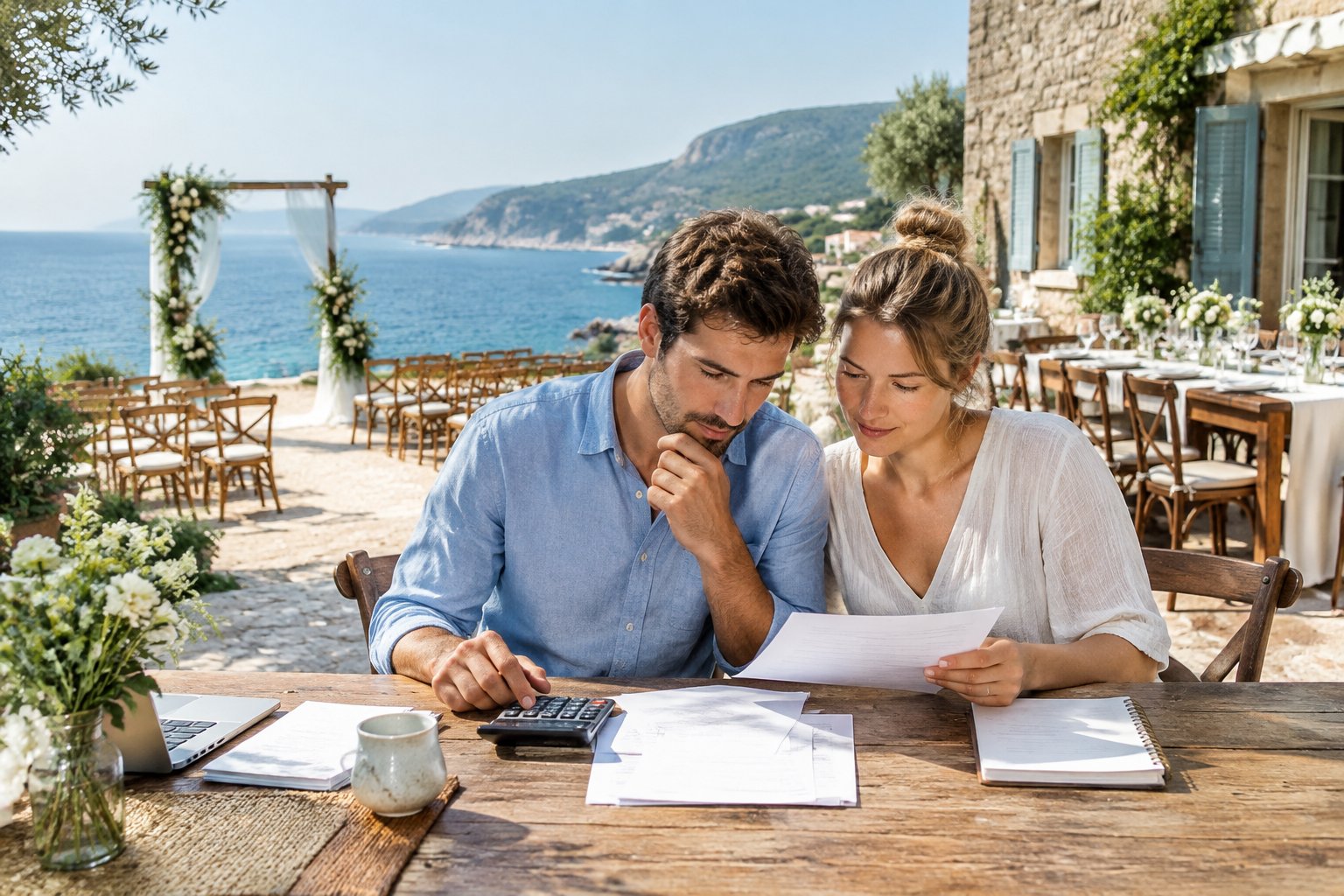 A couple reviews wedding costs at a modest seaside venue abroad.