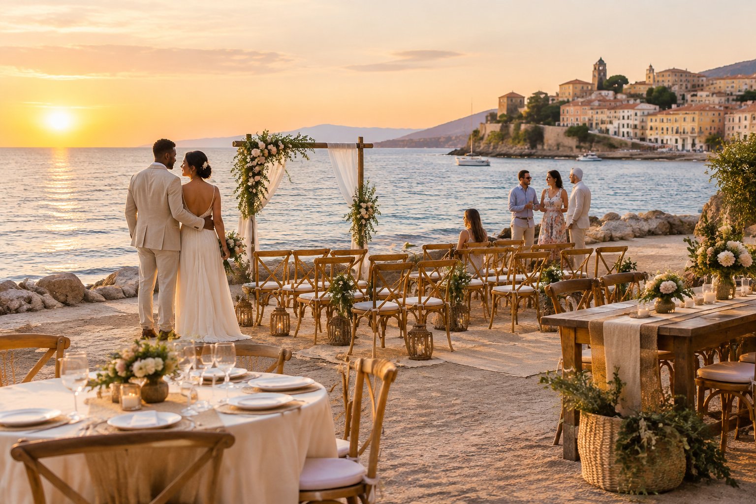 An intimate seaside wedding ceremony with simple decorations, guests, and a scenic coastal backdrop.