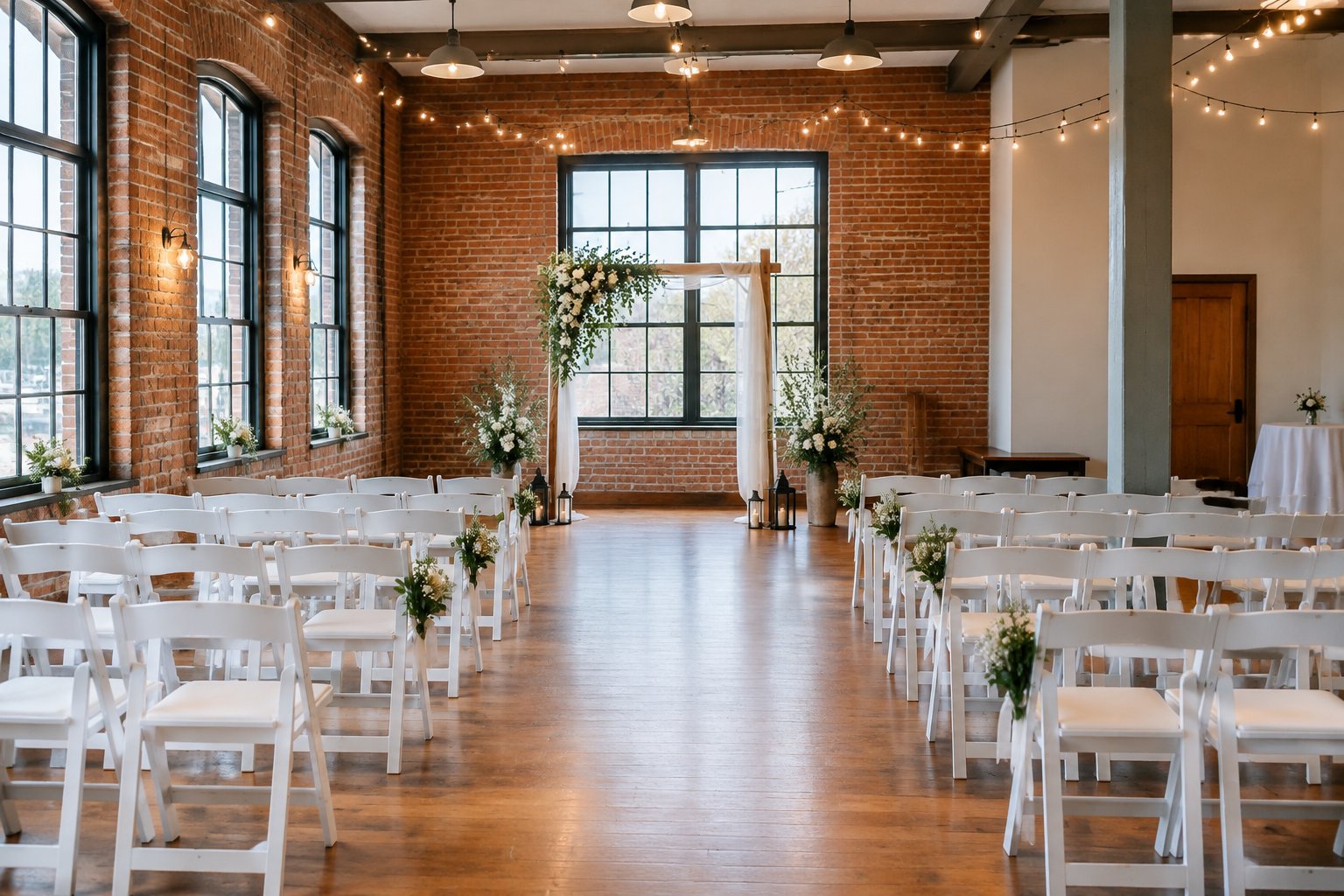 A modest decorated wedding venue with white chairs, simple floral arrangements, and warm string lights.