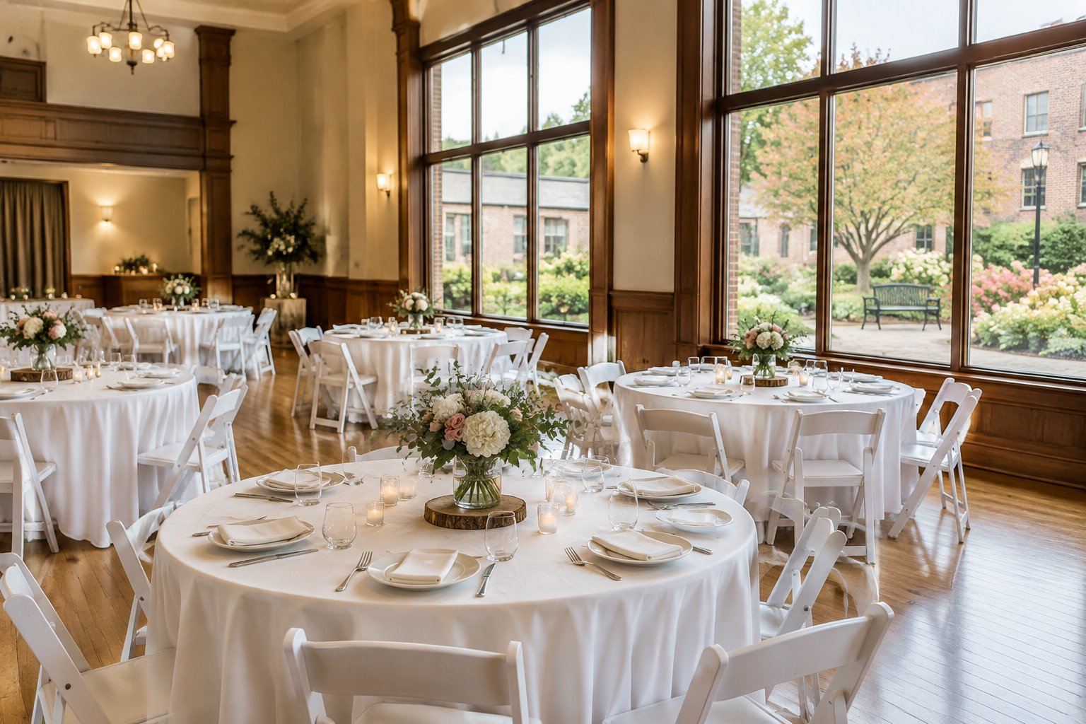 A modest wedding venue decorated with tables, white linens, flowers, and warm natural light.