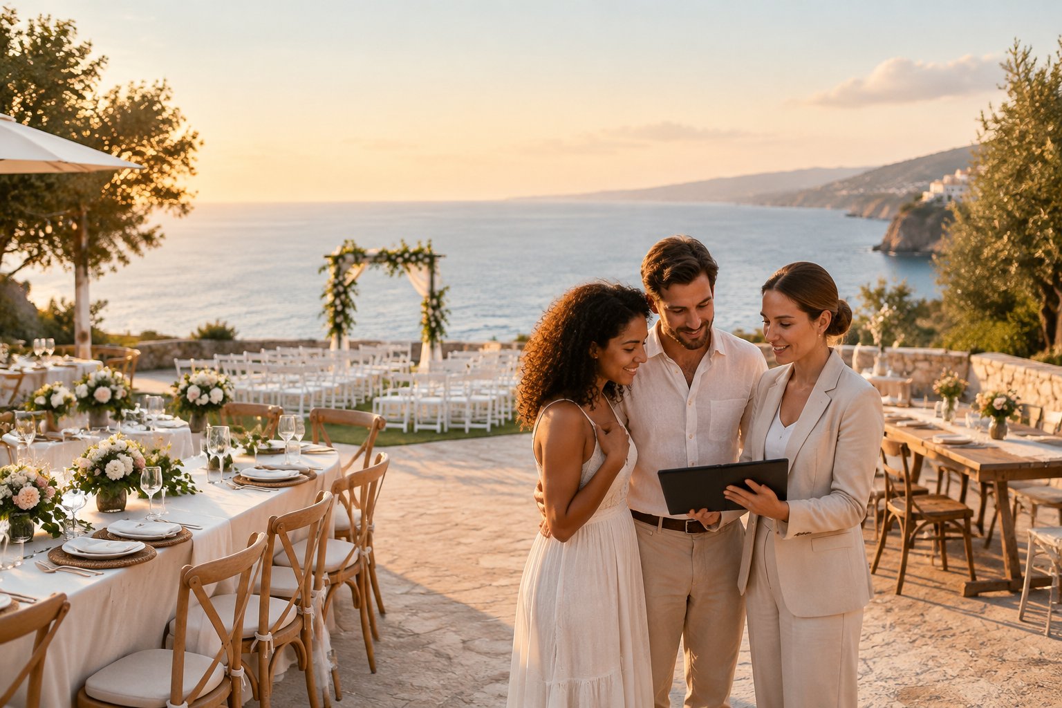 A couple compares two wedding venue setups at a sunny seaside destination.