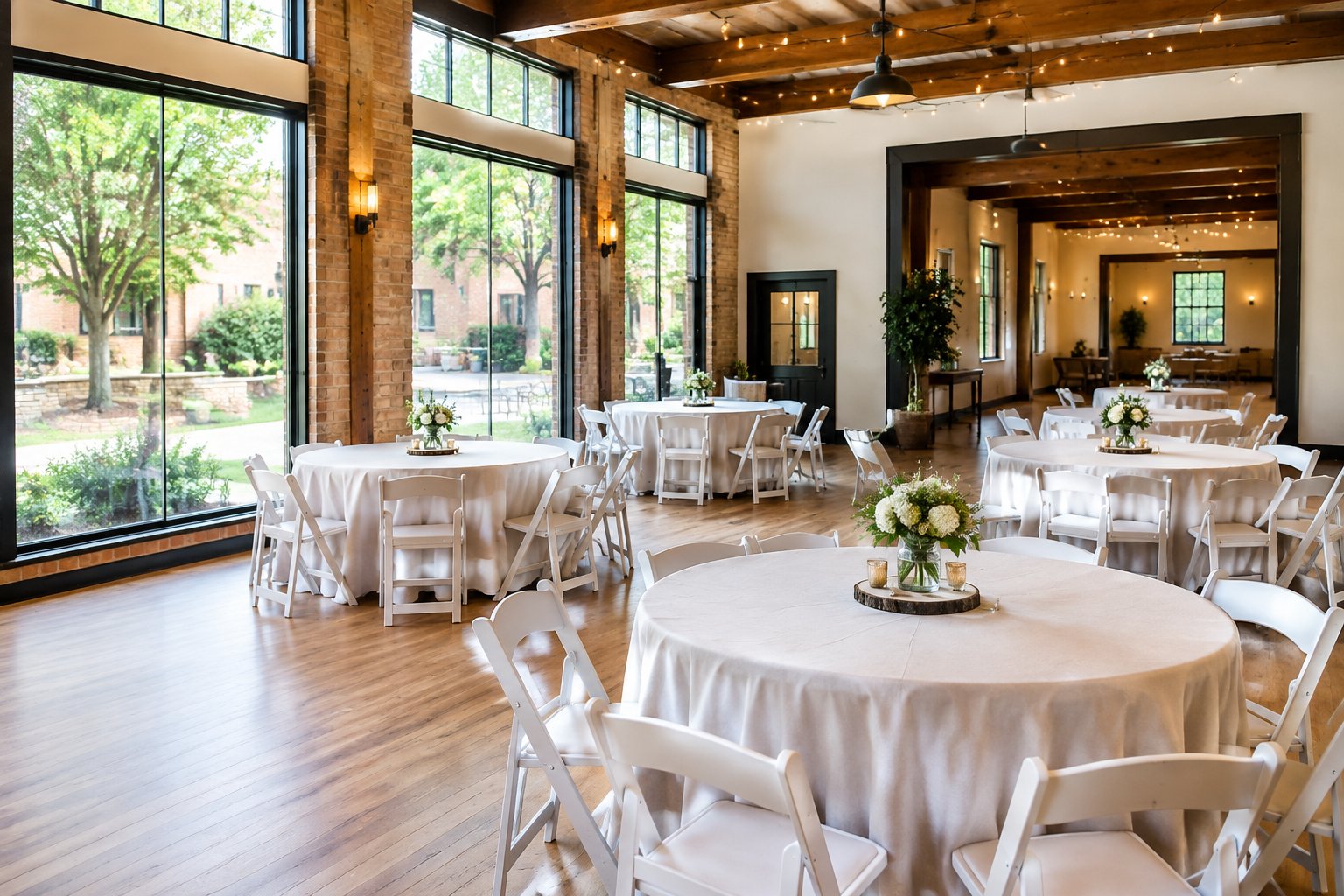 An affordable-looking wedding venue with simple decorated tables and a landscaped courtyard.