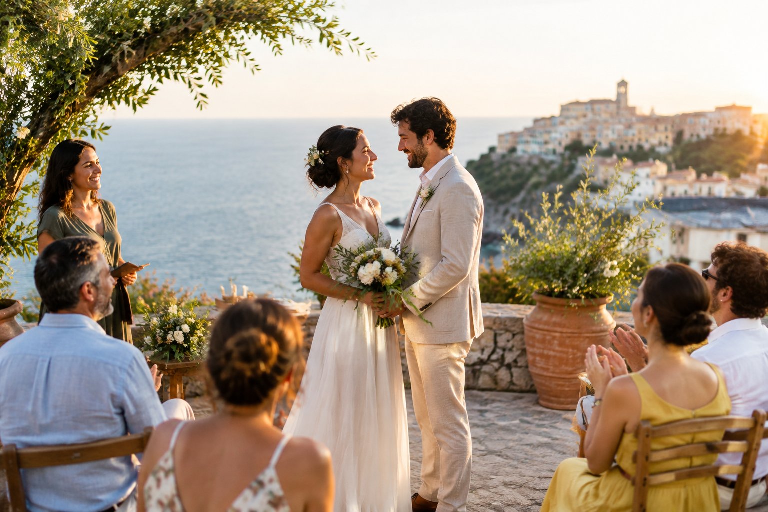 A newlywed couple celebrates with guests at an intimate outdoor wedding in a sunny coastal venue abroad.