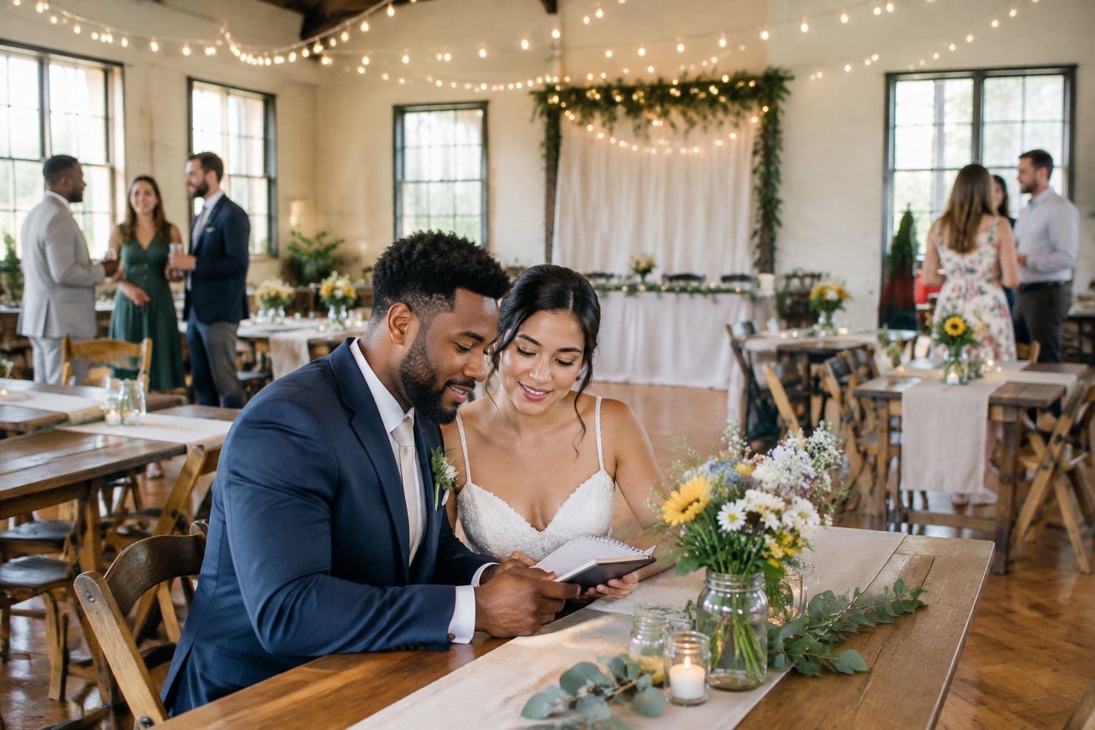 A couple reviews wedding plans inside a simply decorated, affordable reception venue.