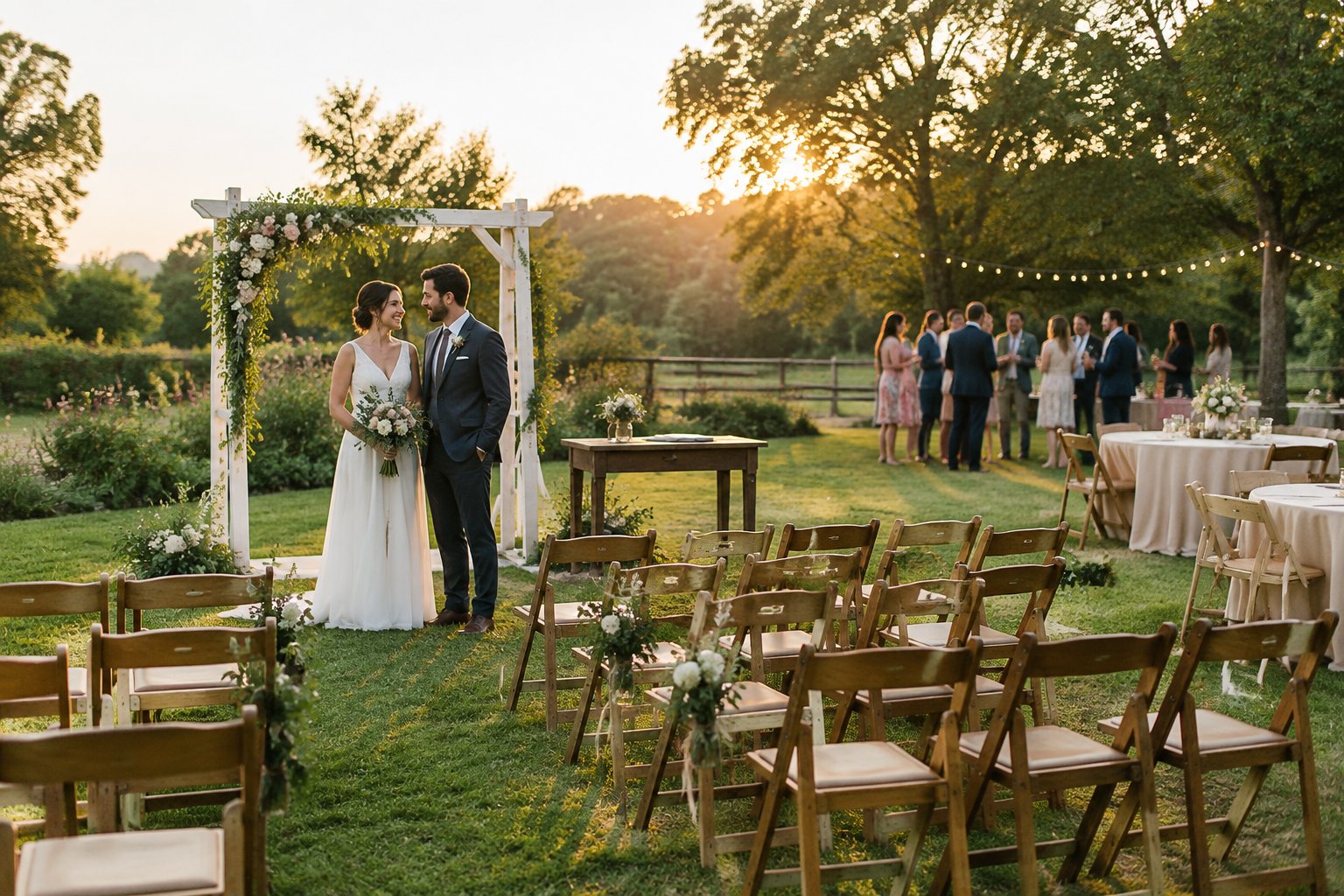 A couple stands beneath a simple flower-decorated arch at an outdoor wedding venue with chairs and tables on a grassy lawn.