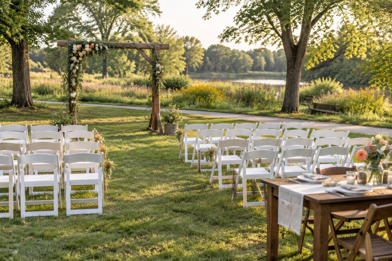 A simple outdoor wedding setup with white folding chairs, a flower-decorated arch, and a reception table in a grassy public garden.