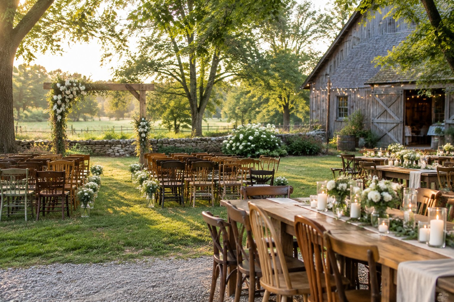 An outdoor wedding setup with wooden chairs, a flower-covered arch, and farmhouse tables in a charming private garden.