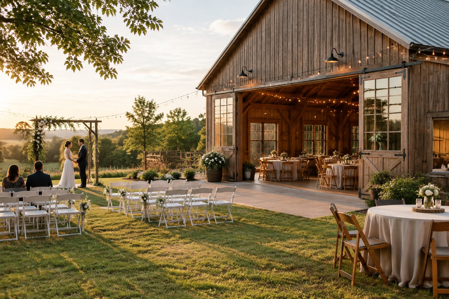 A modest wedding venue with an indoor hall opening onto a decorated outdoor garden ceremony area.