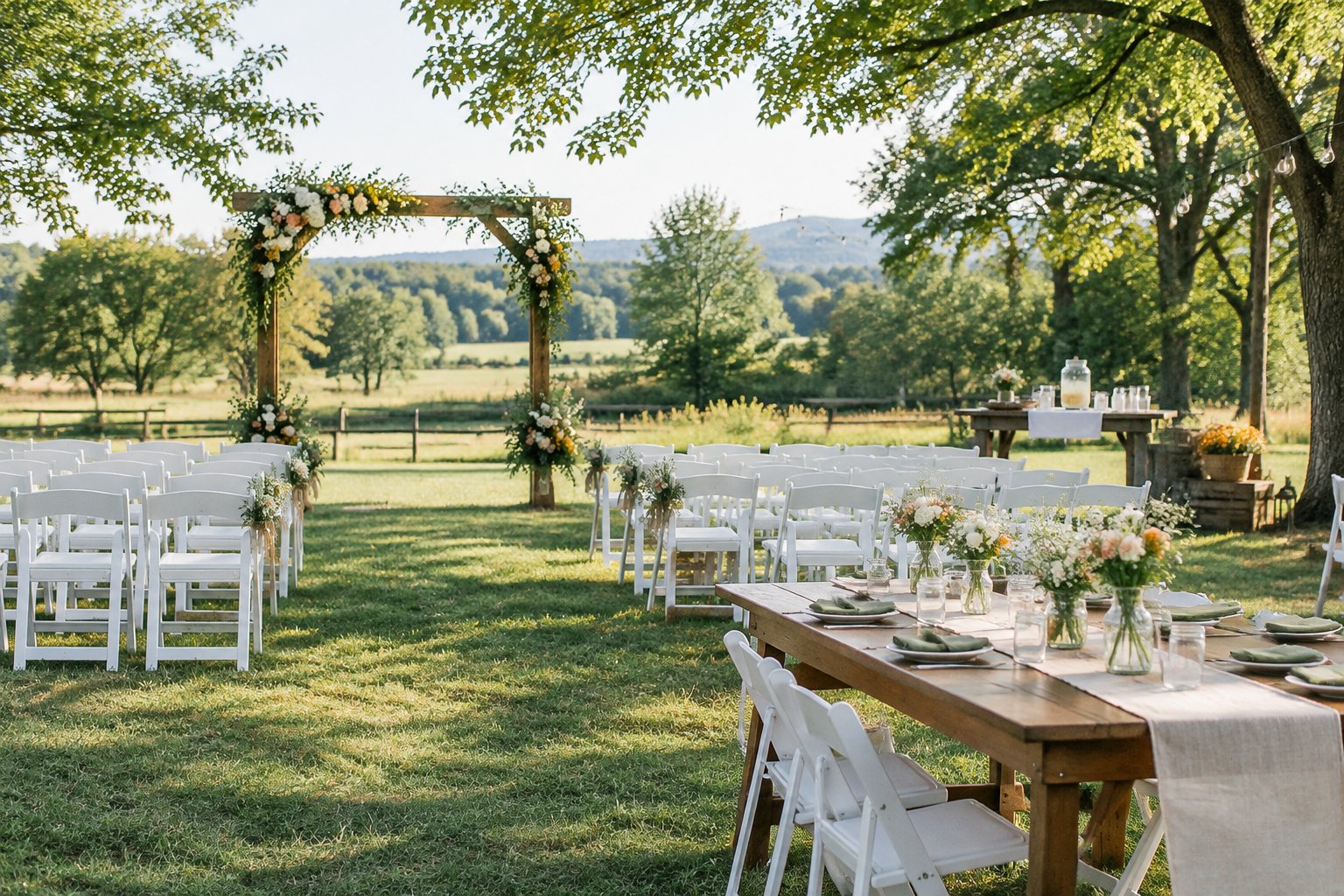 A modest outdoor wedding ceremony setup in a sunny garden with simple decorations and folding chairs.