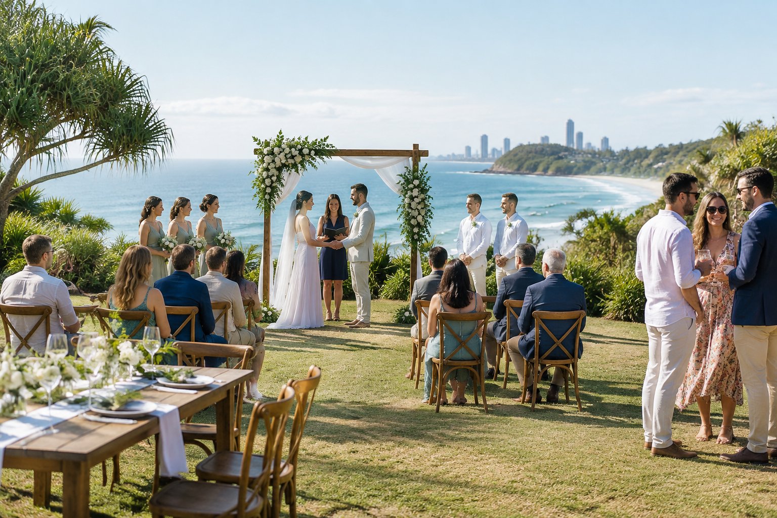 A small outdoor wedding ceremony at an affordable coastal venue with flowers, chairs, guests, and subtropical scenery.