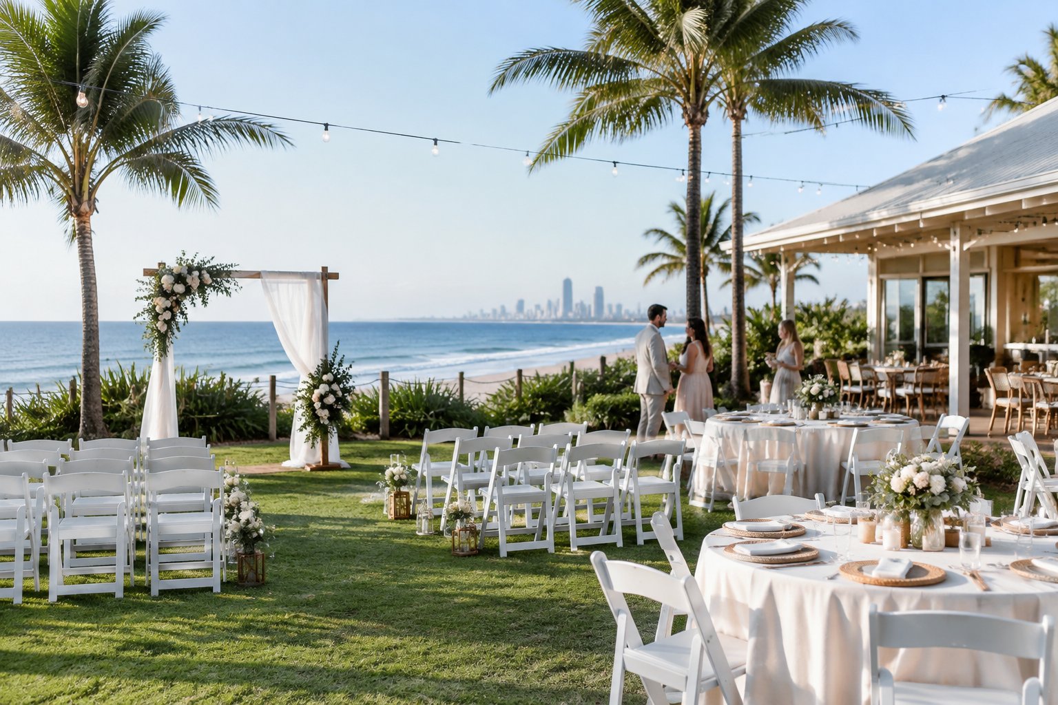 A simple outdoor wedding setup at a coastal venue on the Gold Coast, with white chairs, floral decorations, and the ocean in the background.
