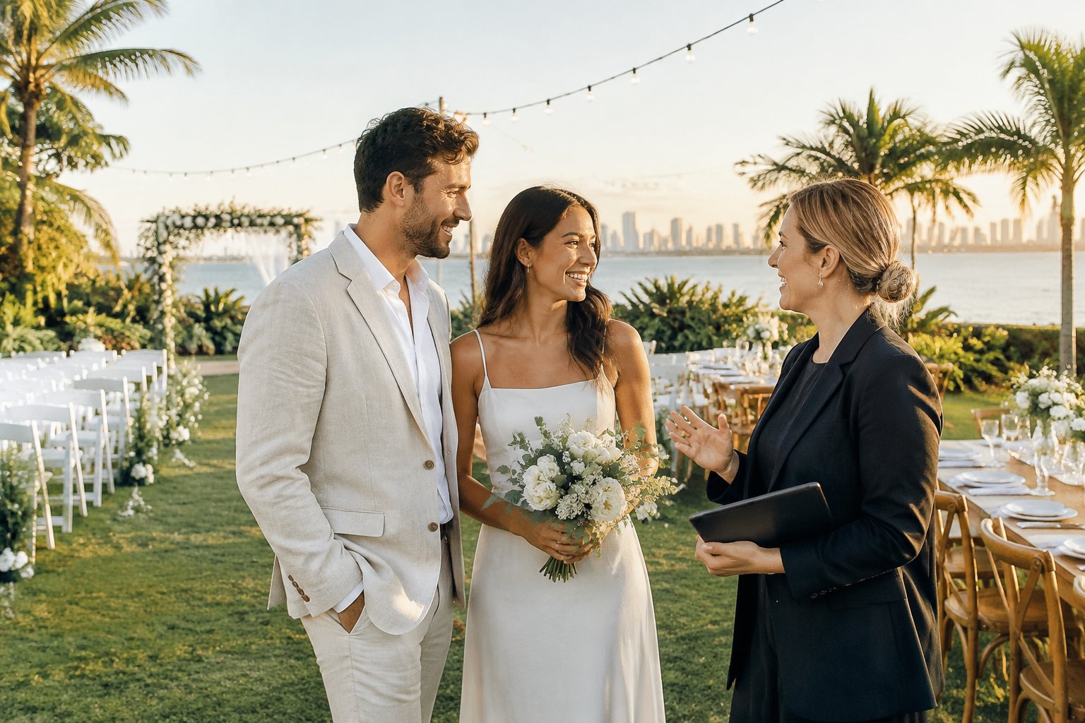 A smiling engaged couple tours an affordable, elegantly decorated outdoor wedding venue with a coordinator.