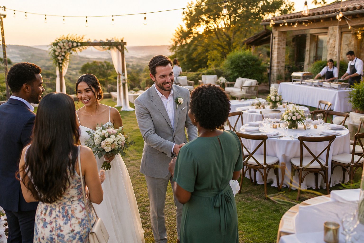 A newlywed couple welcomes guests at an affordable outdoor wedding venue with decorated tables and buffet catering.