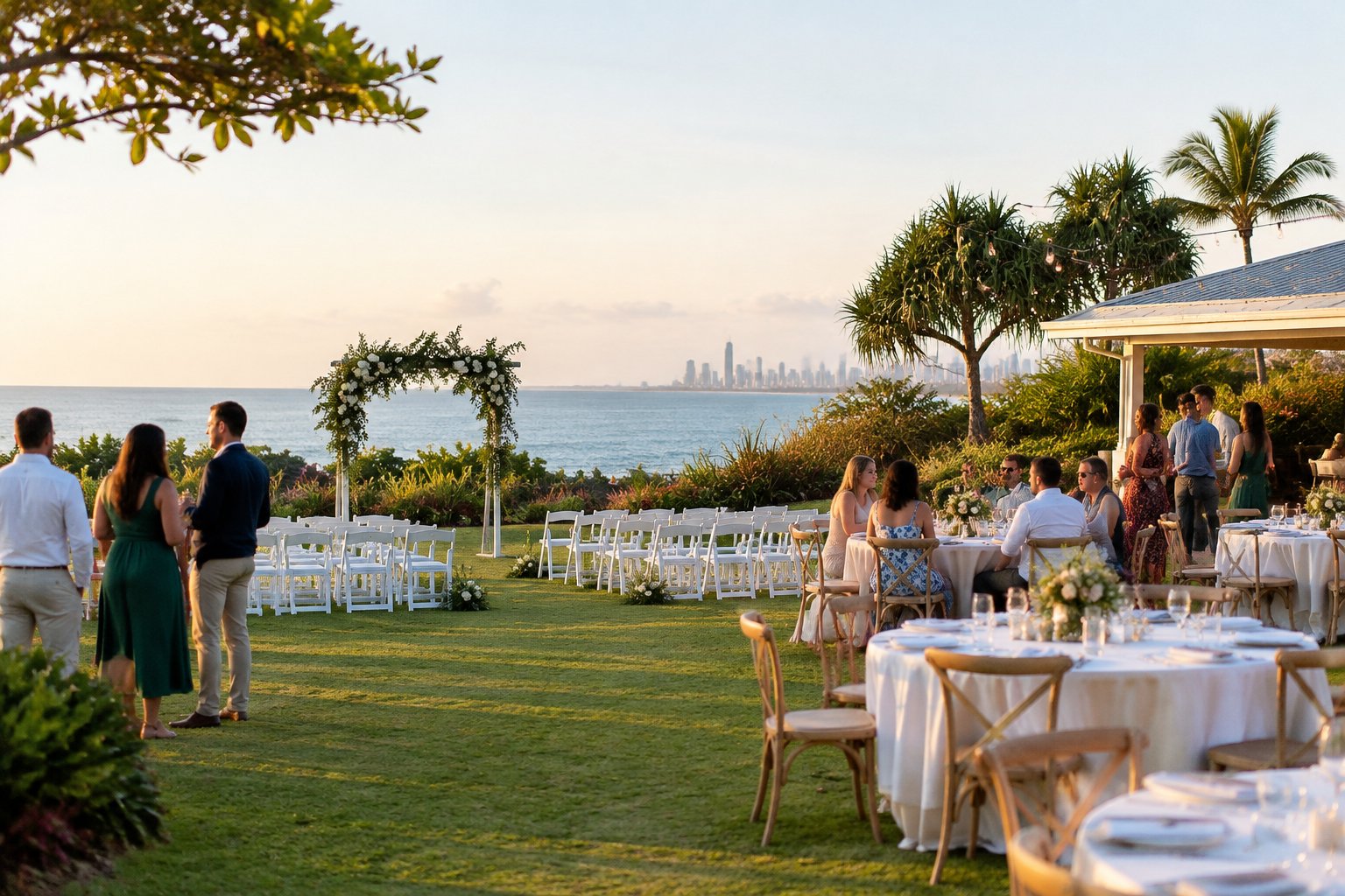 An intimate outdoor wedding ceremony and reception at a modest coastal venue with garden greenery and the ocean in the background.