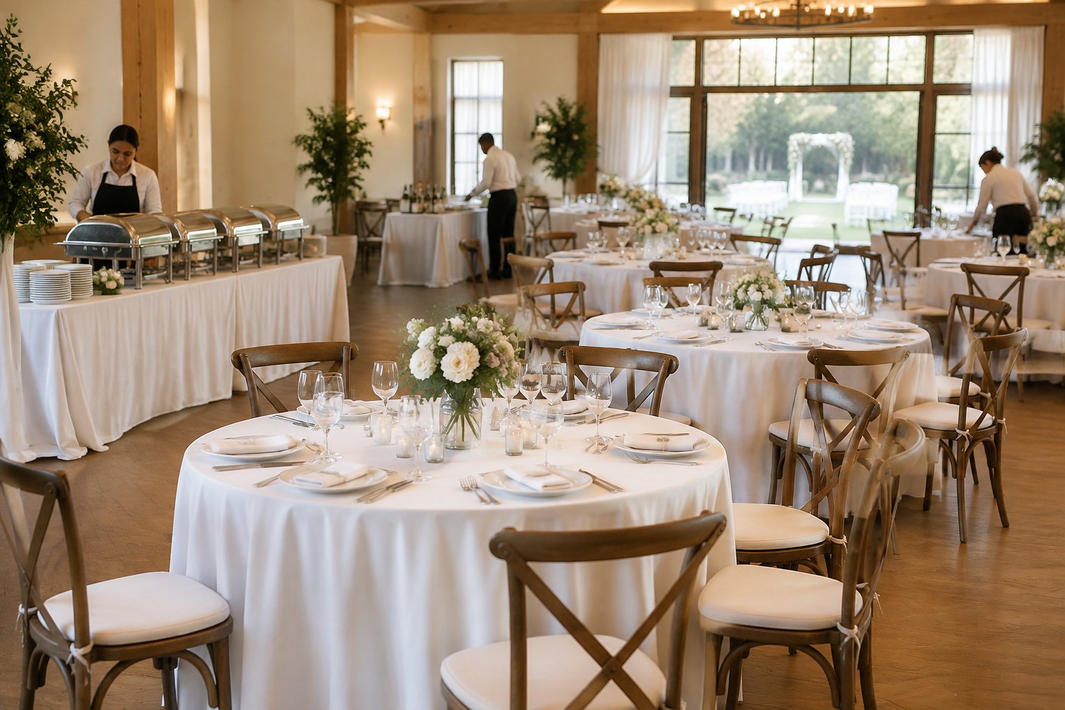 A prepared wedding reception hall with decorated tables, catering stations, and staff setting up the venue.