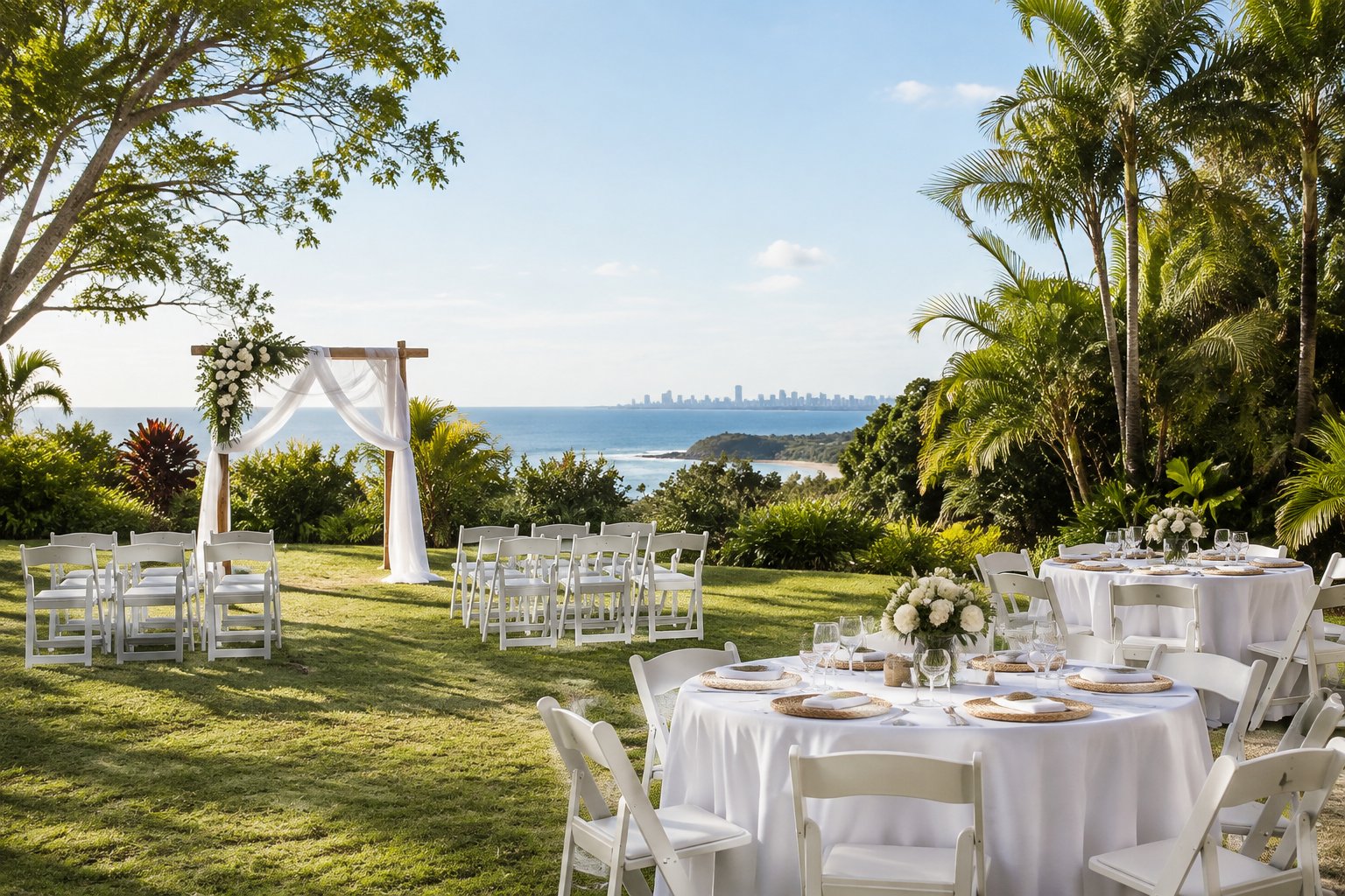 An outdoor wedding venue with simple chairs, decorated tables, greenery, and a coastal landscape.