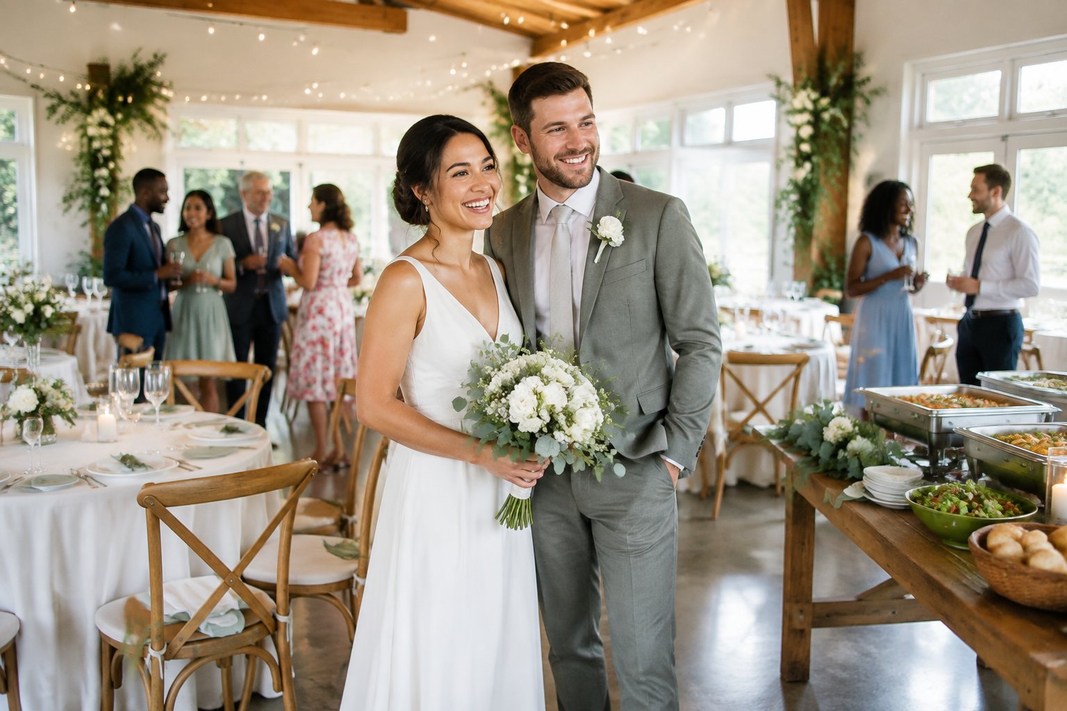 A newlywed couple celebrates with guests at an affordable decorated wedding reception.