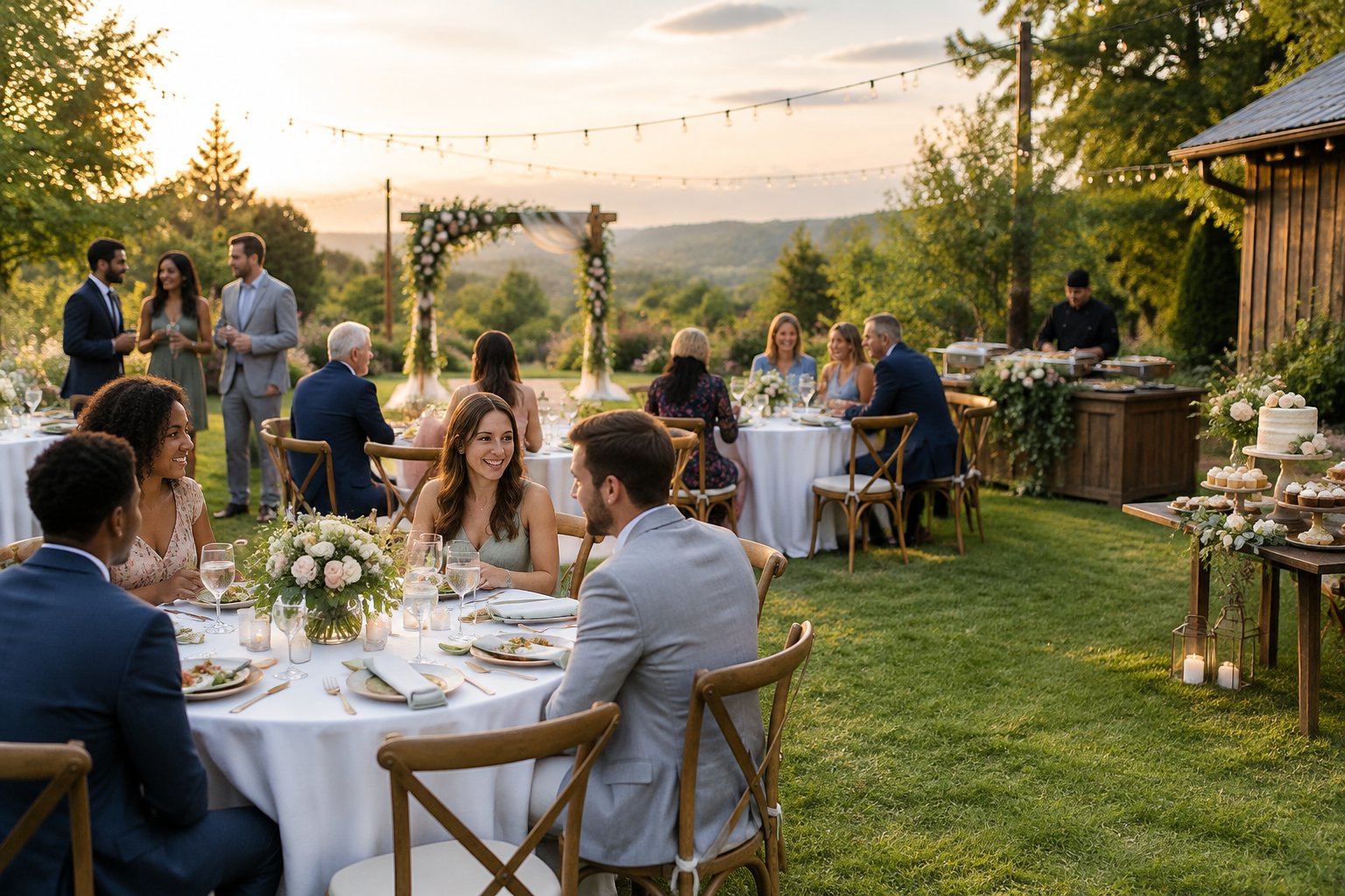 An intimate wedding reception at a decorated garden venue with guests gathered around tables.