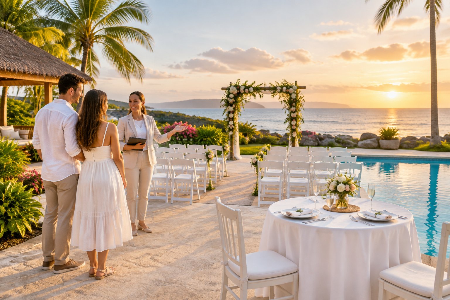 A couple tours an affordable tropical resort wedding venue with outdoor seating, flowers, and a pool.