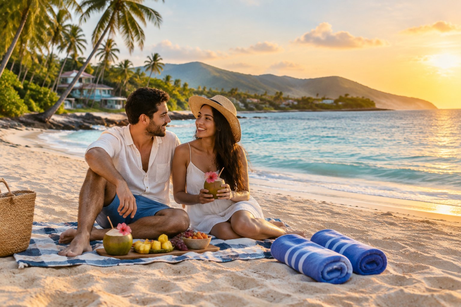 A newlywed couple relaxes on a sunny tropical beach in Puerto Rico with turquoise water, palm trees, and green coastal hills.