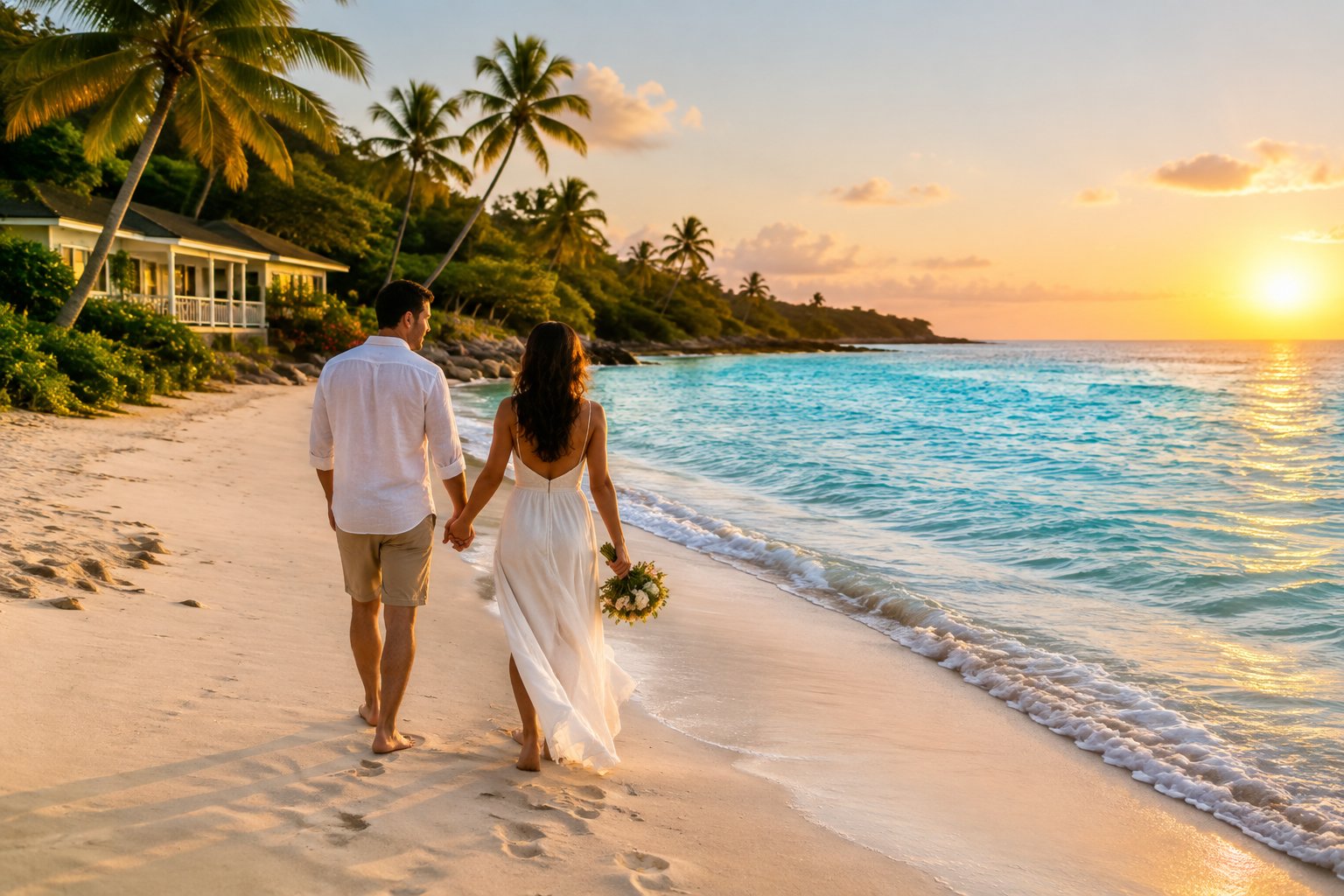 A newlywed couple walks hand in hand along a quiet tropical beach in Puerto Rico.